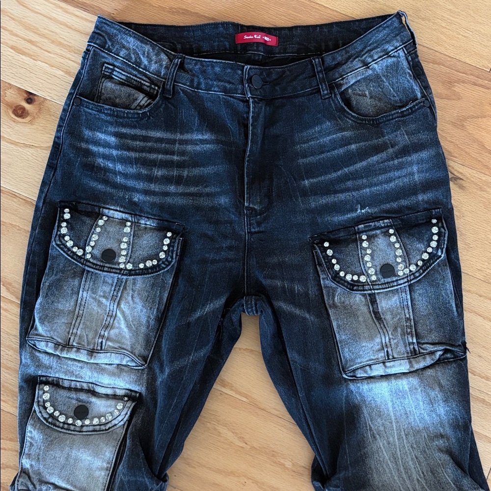 Smoke rise XL $110 Women's High Rise Rhinestone Stacked Jeans Pant storm black - Picture 5 of 14